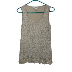 Dressbarn Beige Floral Lace Overlay Tank Top with Metallic Gold Accents